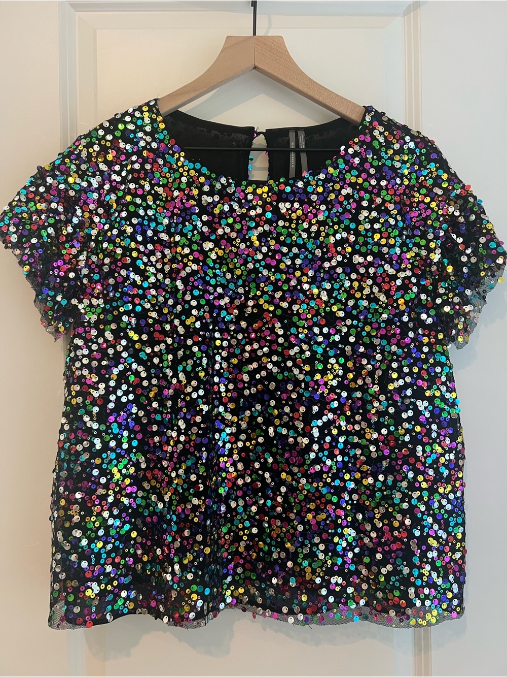 Anthropologie Black Multicolor Sequin Short Sleeve Top